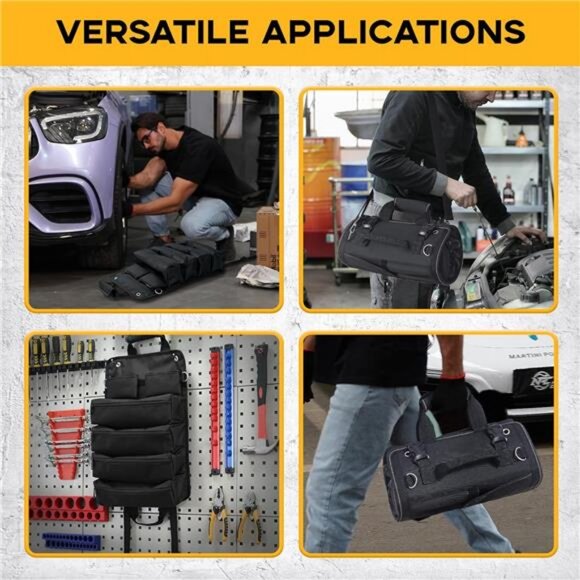 Heavy Duty Roll-Up Tool Bag with 2 Detachable Zipper Pouches, Compact - Picture 6 of 7